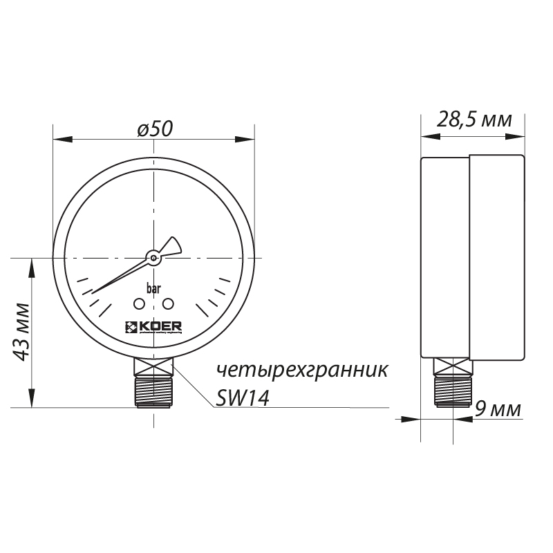Розміри манометра радіального KOER KM502R малюнок